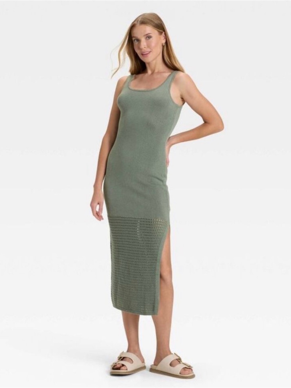 Universal Thread Olive Green Knit Maxi Dress with Side Slit